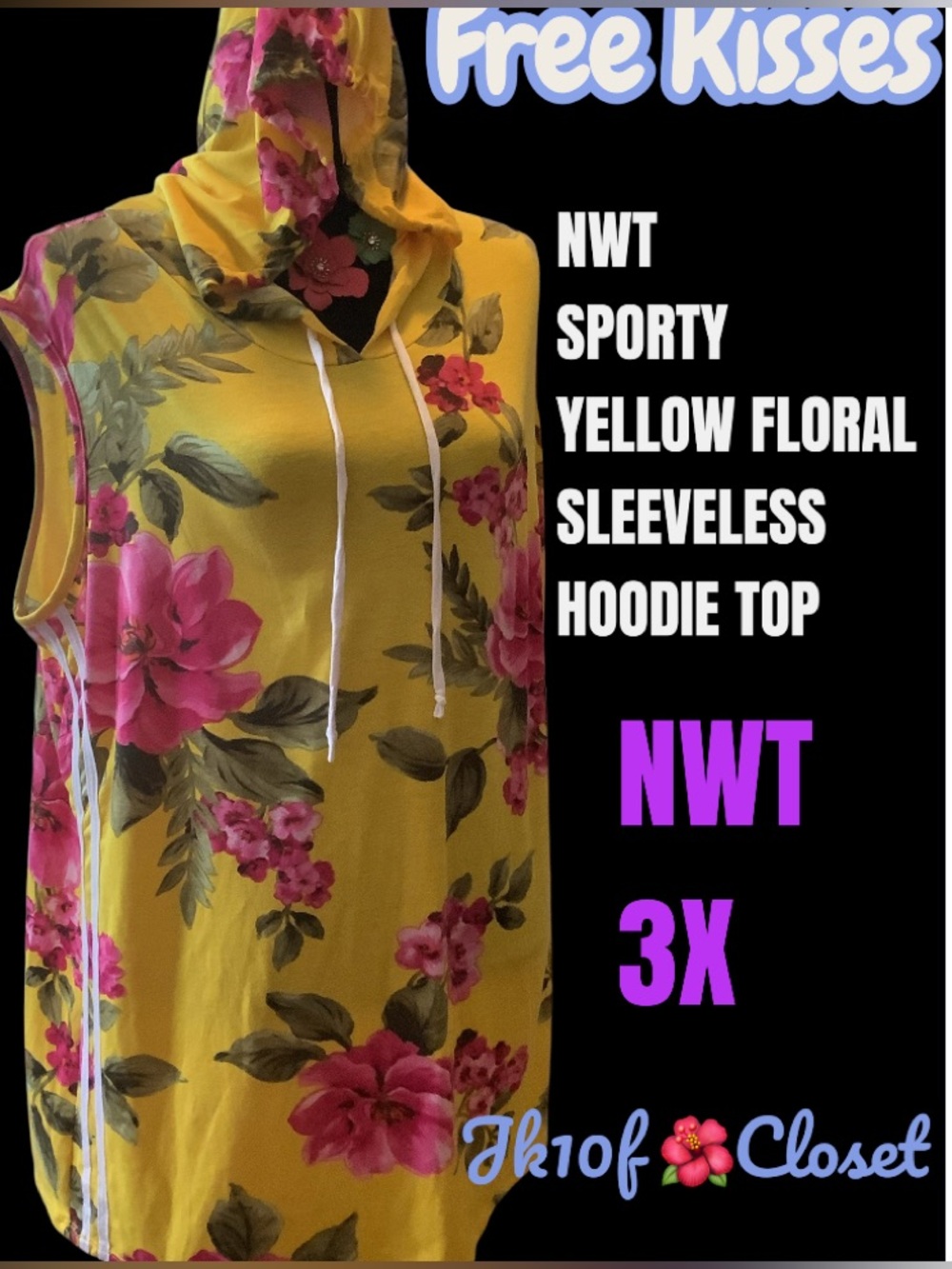LOWEST🌺NWT Free Kisses 3X SPORTY COLORFUL FLORAL SLEEVELESS HOODIE TOP